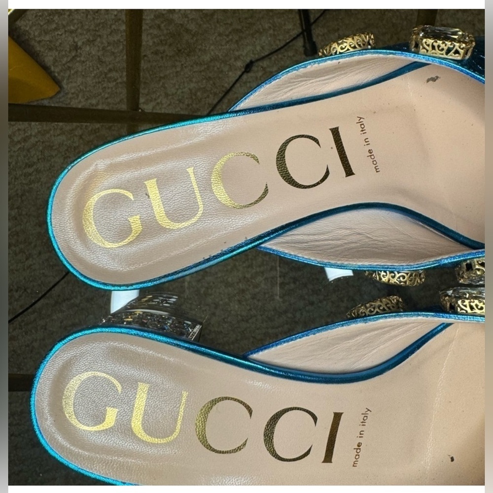 Gucci Metallic Blue Embellished Mules - Picture 5 of 11